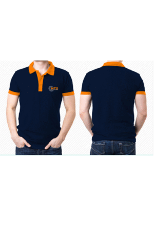 Đồng phục áo phông công ty cổ bẻ xanh đen phối cam MTS