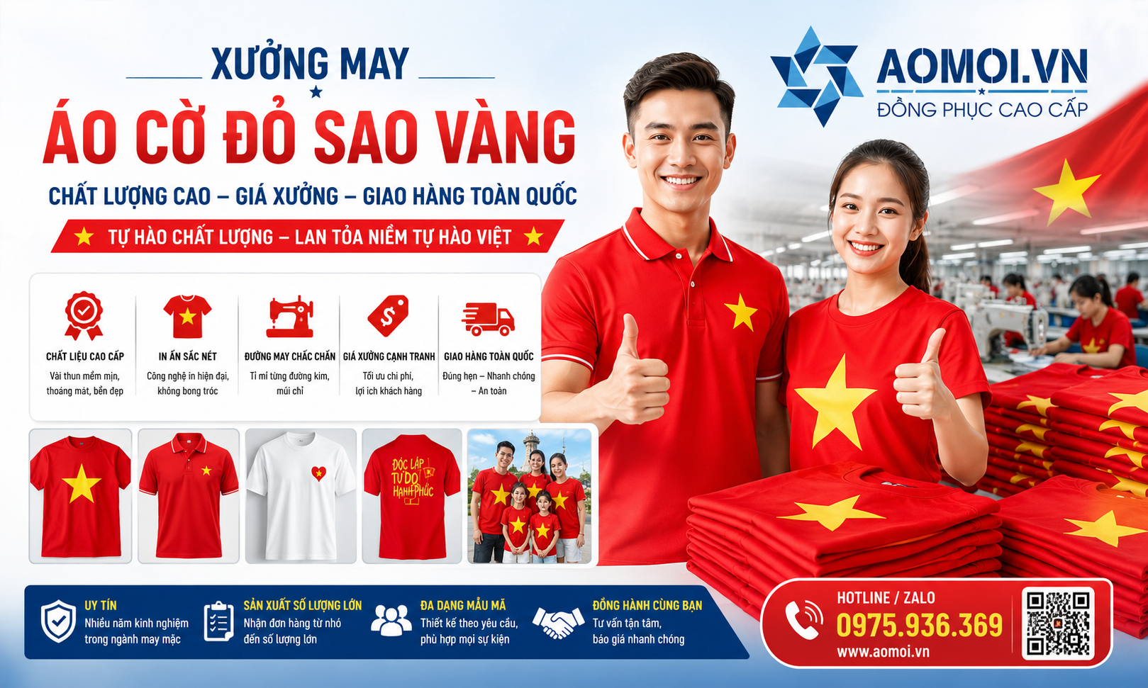 AOMOI.VN là xưởng may áo cờ đỏ sao vàng uy tín tại Ninh Bình, chuyên cung cấp áo thun, áo polo cờ đỏ sao vàng chất lượng cao, đường may chắc chắn, in sắc nét.