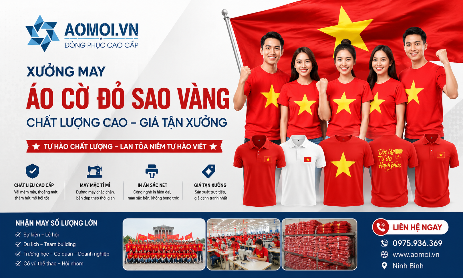 AOMOI.VN là xưởng may áo cờ đỏ sao vàng uy tín tại Ninh Bình, chuyên sản xuất áo thun và áo polo cờ đỏ sao vàng chất lượng cao.