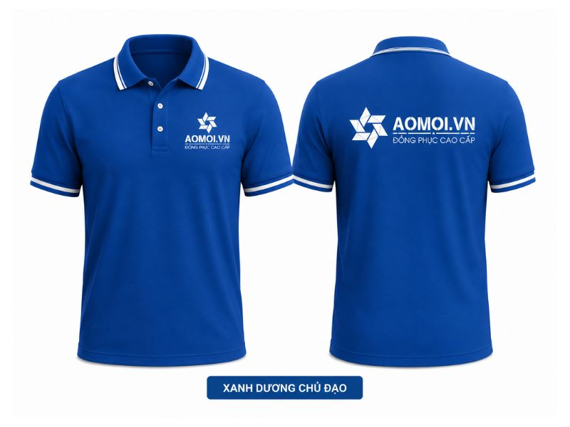 Áo polo đồng phục màu xanh dương AOMOI.VN cao cấp, thiết kế trẻ trung, bền đẹp và chuyên nghiệp.