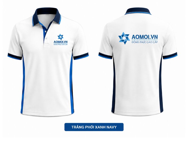 Áo đồng phục polo trắng phối xanh navy AOMOI.VN sang trọng, phù hợp nhà hàng và doanh nghiệp.