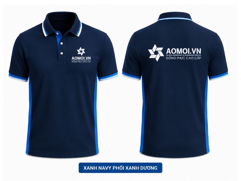 Áo phông đồng phục xanh navy phối xanh dương AOMOI.VN cao cấp, thiết kế hiện đại và mạnh mẽ.