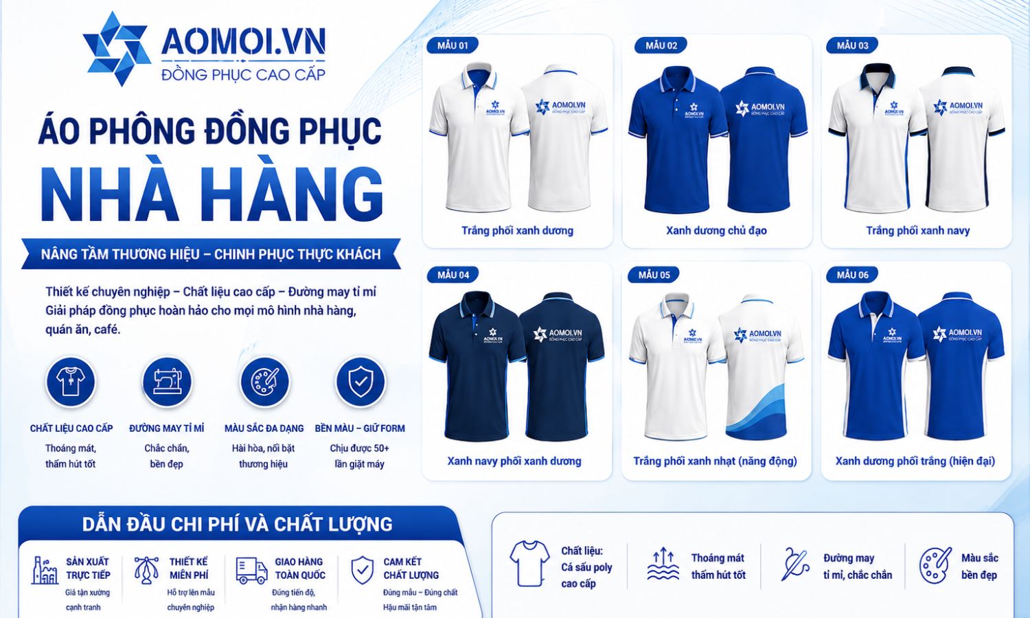 Banner áo phông đồng phục nhà hàng AOMOI.VN với 6 mẫu áo polo cao cấp màu xanh trắng, thiết kế chuyên nghiệp, chất liệu cá sấu poly bền đẹp.