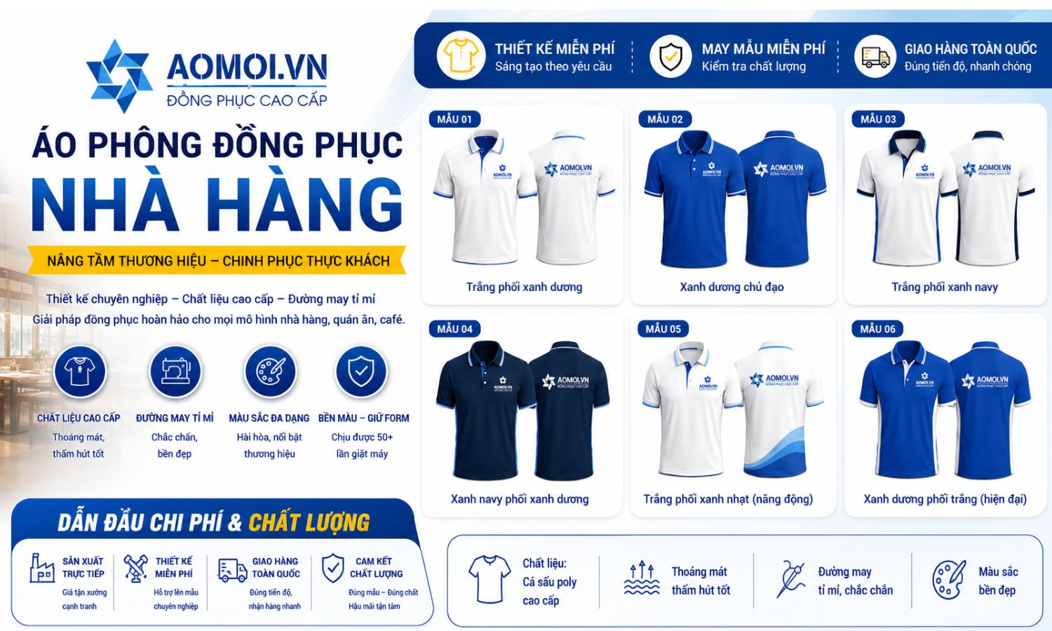 Banner áo phông đồng phục nhà hàng AOMOI.VN với 6 mẫu áo polo cao cấp màu xanh trắng, thiết kế chuyên nghiệp, chất liệu cá sấu poly bền đẹp.