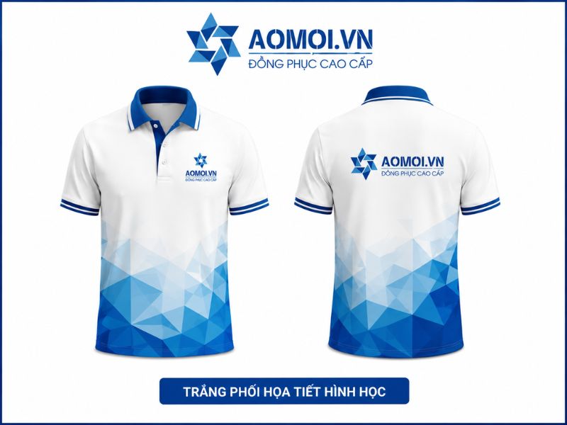 Áo polo đồng phục AOMOI.VN màu trắng phối xanh dương với họa tiết hình học gradient ở phần thân dưới, cổ bẻ xanh nổi bật, logo thêu trước ngực và in lớn sau lưng, hiển thị đầy đủ mặt trước và mặt sau.
