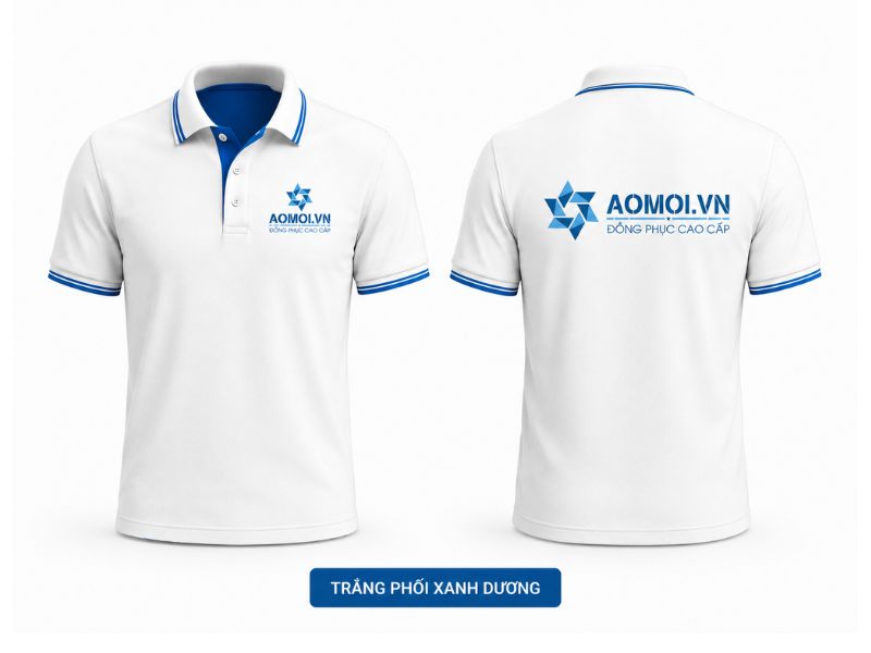 Áo phông đồng phục polo màu trắng phối xanh dương AOMOI.VN thiết kế cổ bẻ sang trọng, chất liệu cao cấp.