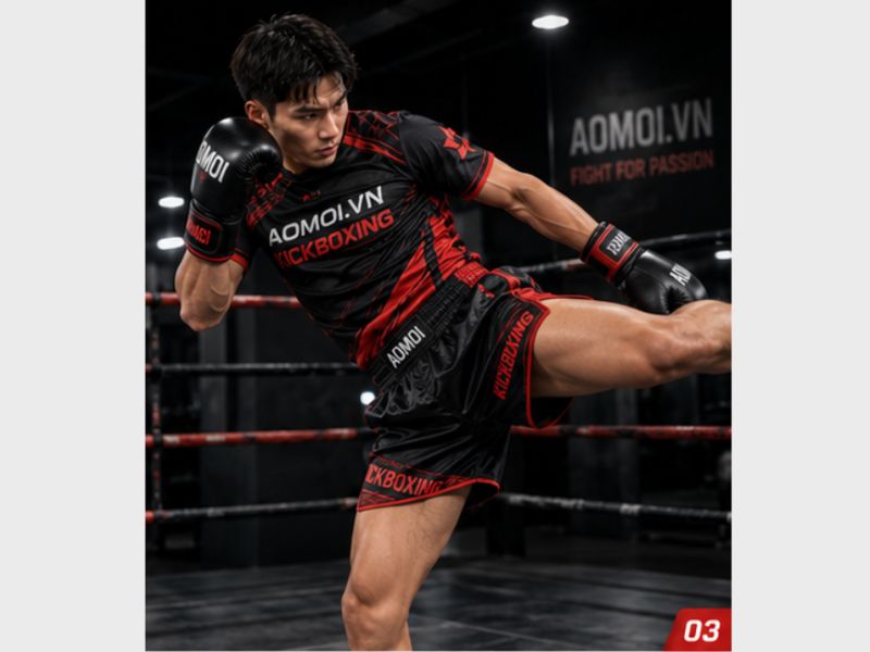 Đồng phục Kickboxing AOMOI.VN cao cấp, thiết kế chuyên nghiệp, chất liệu co giãn, thoáng khí, phù hợp tập luyện và thi đấu.